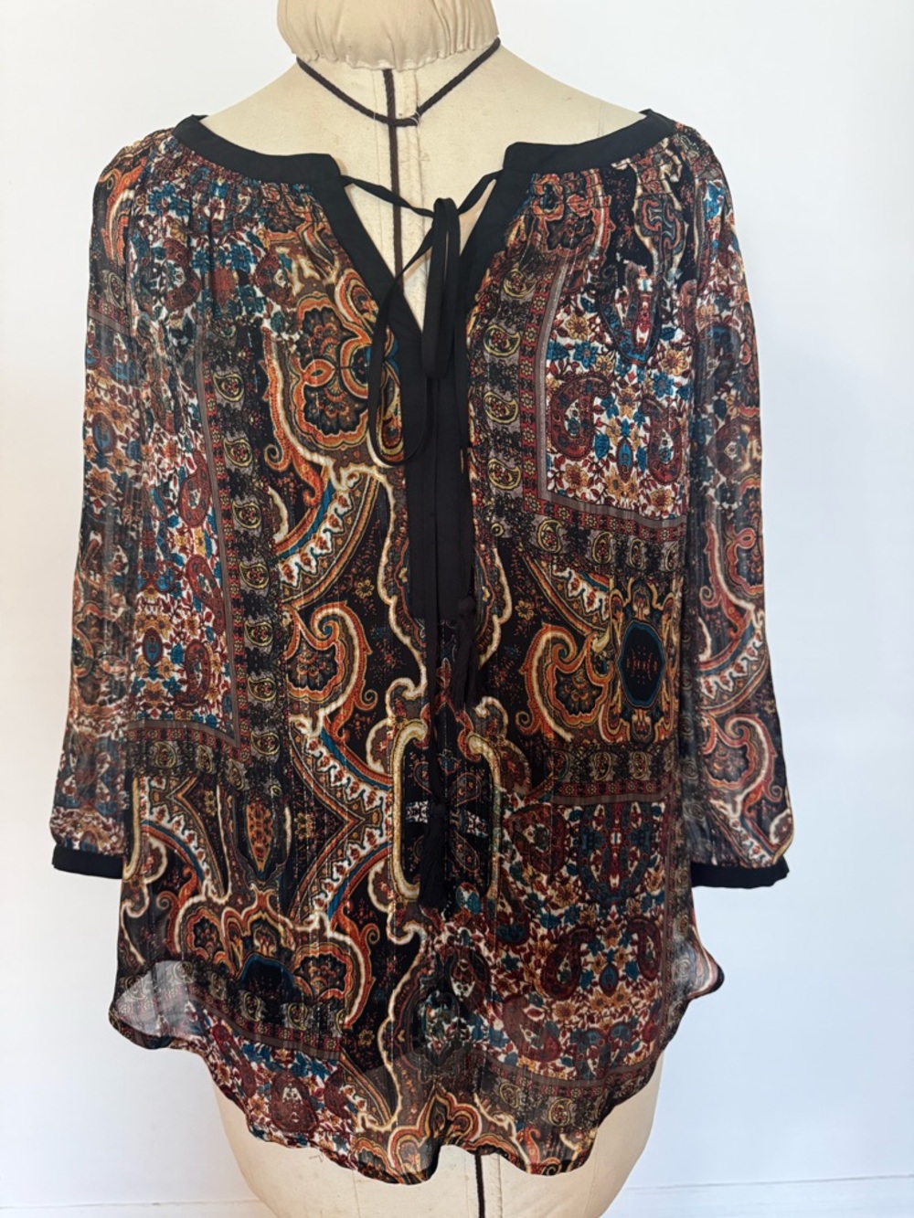 Meadow Rue Black Multi Paisley Tie-Neck Peasant Blouse